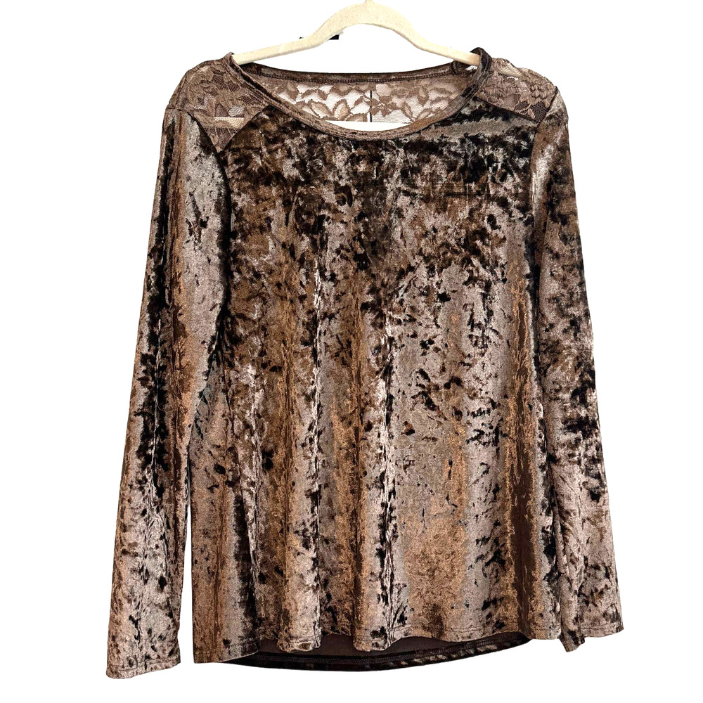 Voice of California Size Medium Mocha Brown Velvet Lace Open Back Blouse